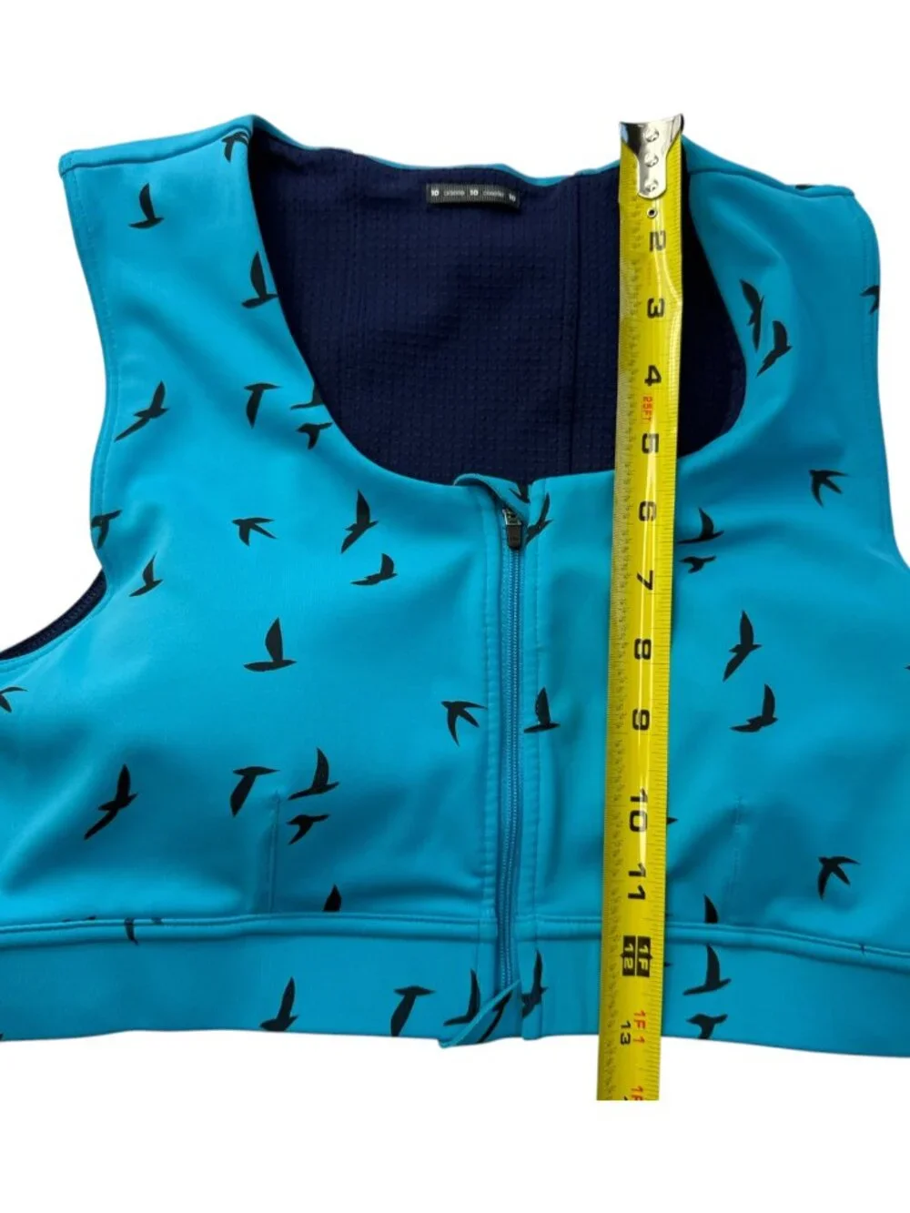 OISELLE Running Sports Bra.  Teal Blue. Bird Print. Size Women's 10 Front Zipper